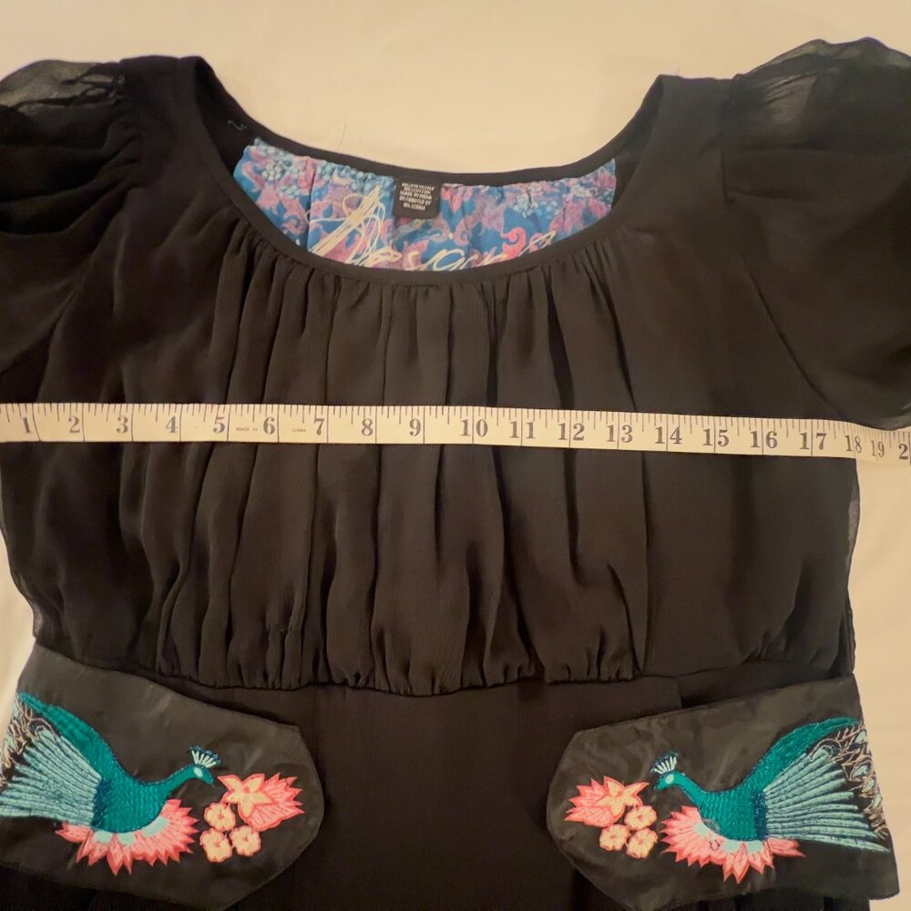 Desigual Black Dress EU 42 US L Peacock Embroidery Veil Sheer Sleeves Rochie - Picture 16 of 16